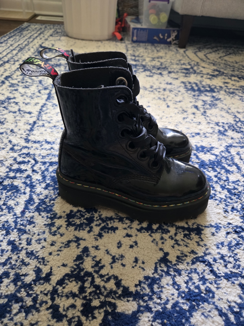 Dr. Martens Black Patent Platform Lace-Up Boots with Rainbow Accent
